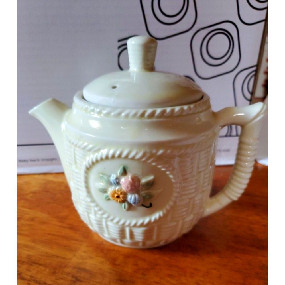 Pourcelier Vintage Vitreous Teapot with Basket Weave and Floral Bouquet